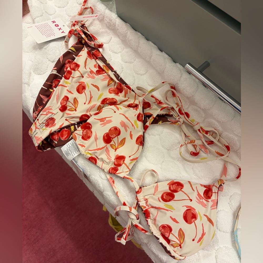 “Roxy” Cream and Red Cherry Print Triangle Bikini Top and Bottoms